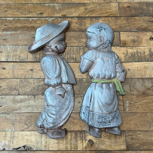 Vintage 13" Mexican Folk Art Wall Metal Plaques of Figures Traditional Attire